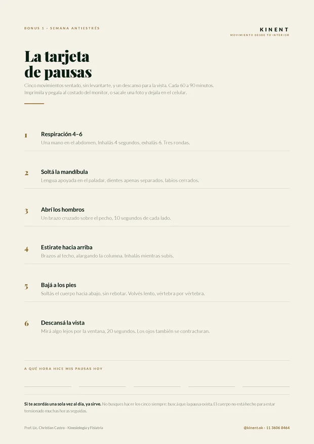 La tarjeta de pausas, hoja para imprimir.